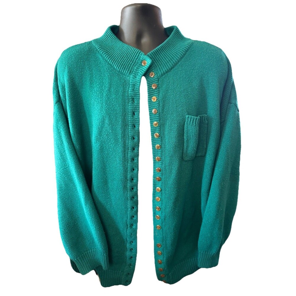 Vintage 80s Venezia Sportswear Button Down Green Cable Knit Sweater SZ 26/28